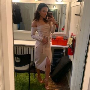 Lavish Alice off shoulder long sleeve tie dress